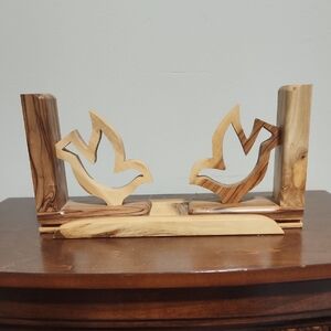 Olive Wood Dove Bookends in Natural Brown - Decorative Shelf Accent